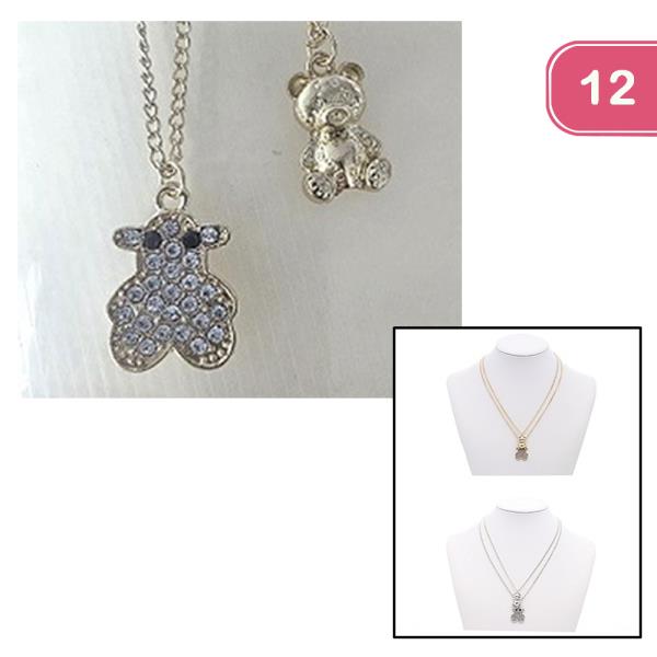 Rhinestone Bear Pendant Necklace (12 Units)