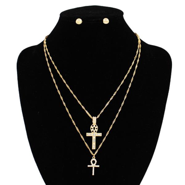 2 Layered Metal Chain Cross Necklace Earring Set