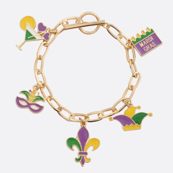 Mardi Gras Charm Oval Link Metal Bracelet