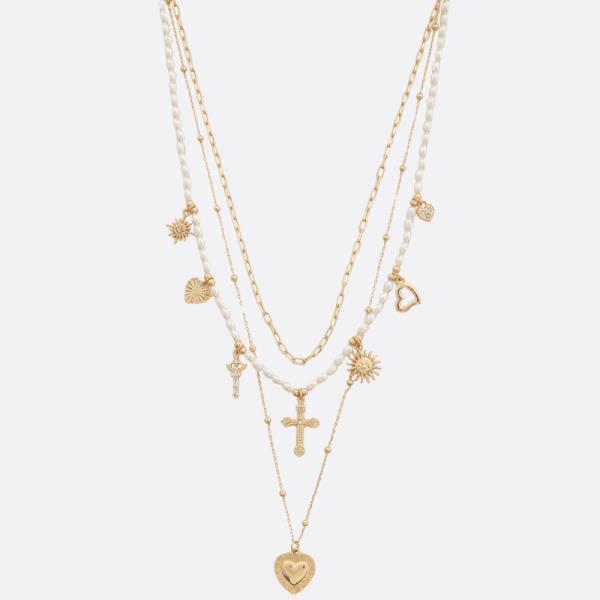 Heart Cross Charm Pearl Bead Layered Necklace