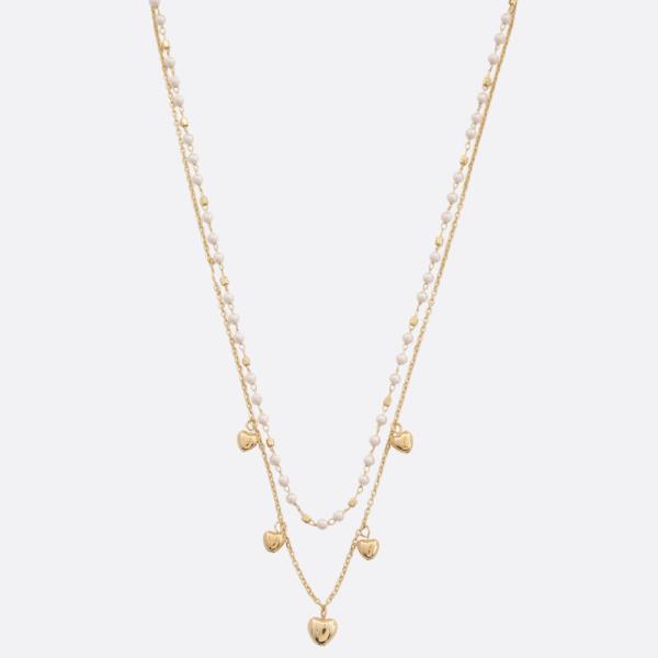 Puffy Heart Charm Pearl Bead Layered Necklace