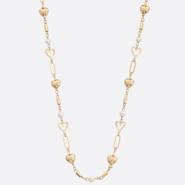 Heart Charm Oval Link Pearl Bead Necklace