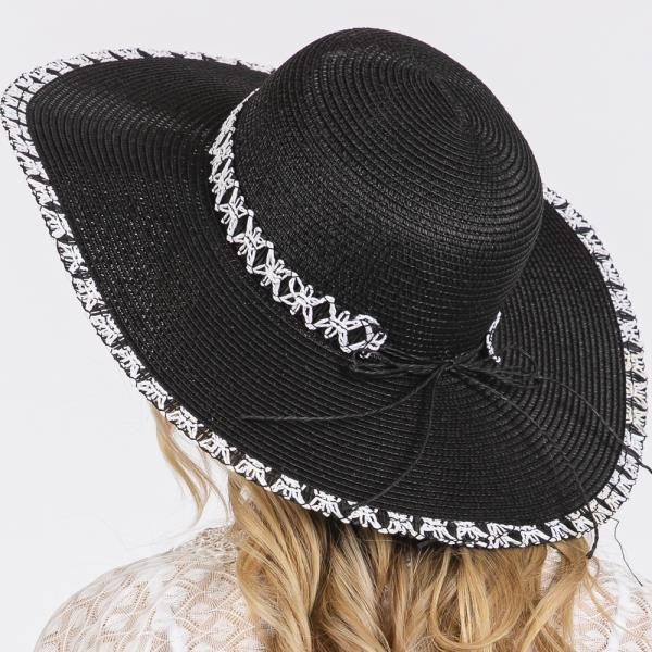 EDGE AND BAND WOVEN DETAIL WIDE BRIM FLOPPY STRAW HAT