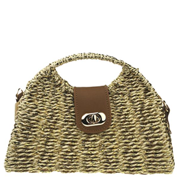 STRAW WOVEN HANDLE TURN LOCK HANDBAG
