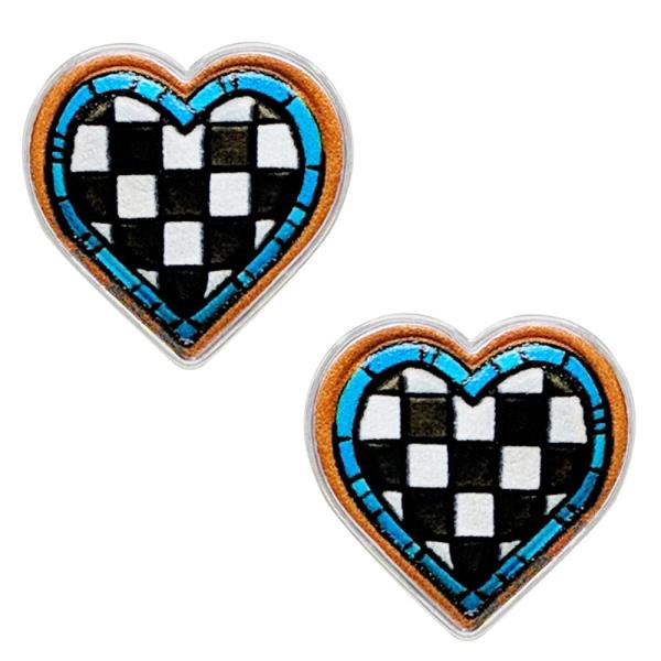 Western Checkered Heart Tooled Leather Earring