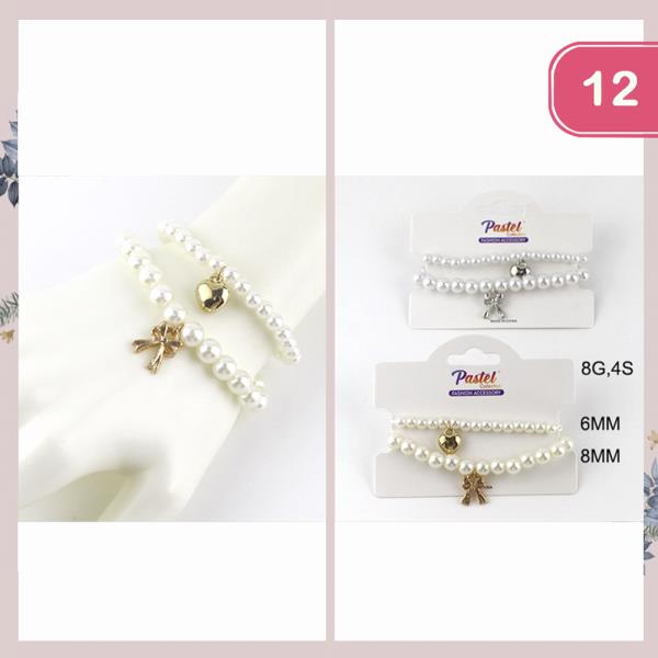 Heart Ribbon Pearl Bracelet Set (12 Units)