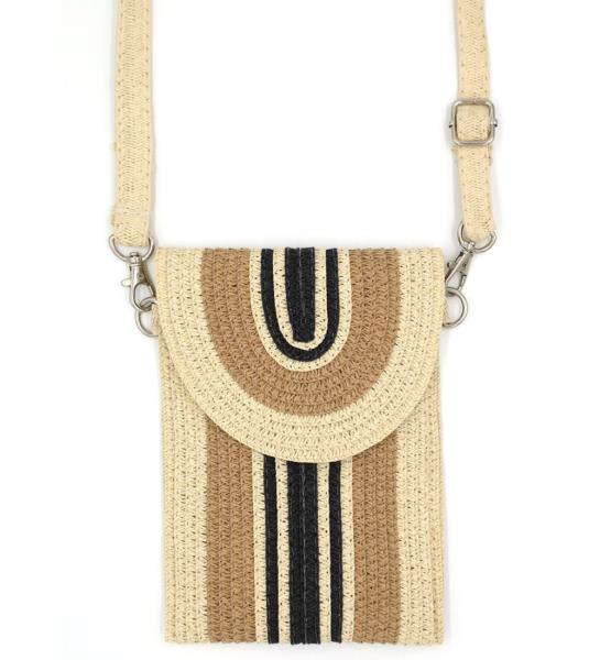 Striped Pattern Straw Cell Phone Crossbody Bag
