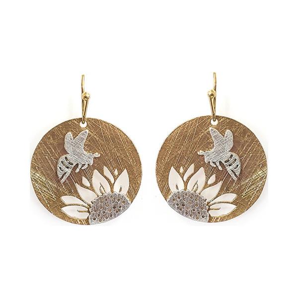 TEXTURED METAL SUNFLOWER BEE ROUND DANGLE HOOK EARRINGS