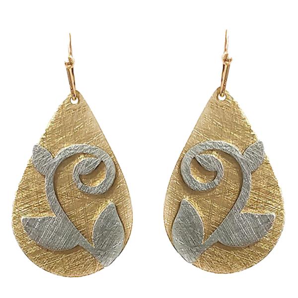 Textured Metal Teardrop Floral Dangle Earrings
