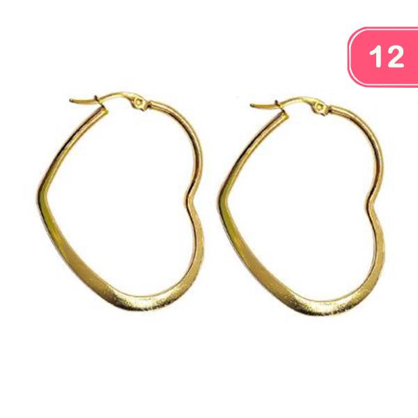 Gold Stainless Steel Heart Hoop Earrings (12 Units)