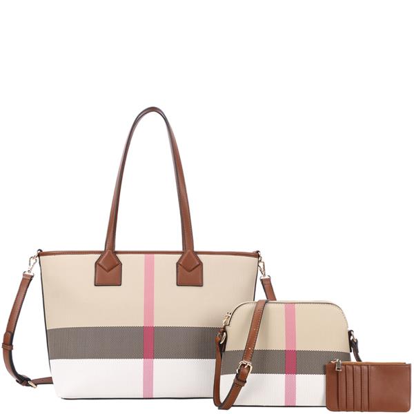 3IN1 Plaid Tote Bag W Crossbody and Wallet Set