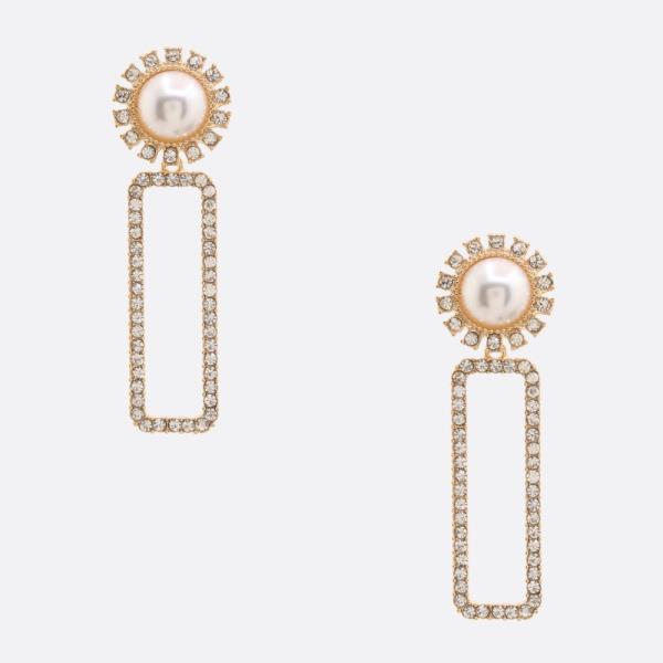Round Pearl Rhinestone Rectangle Earring