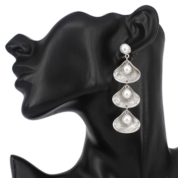 Metal Pearl Shell Textured Drop Dangle Earrings