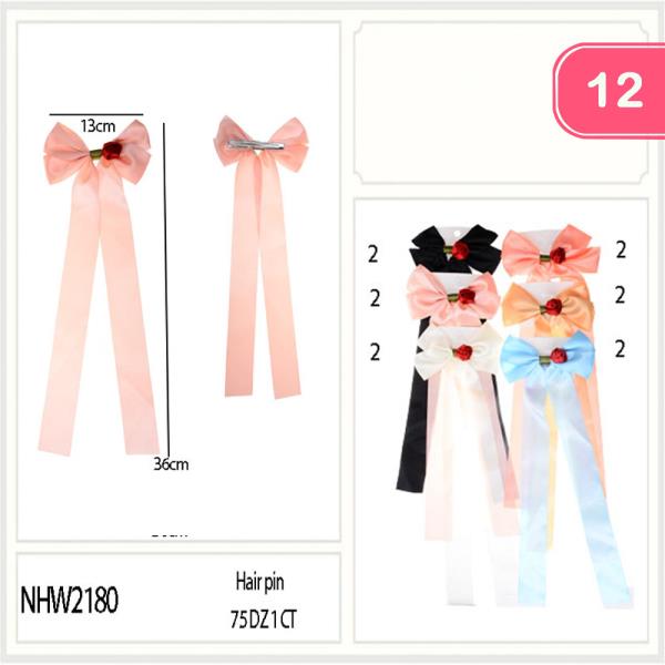 Rose Embellished Long Bow Hair Pin (12 Units)