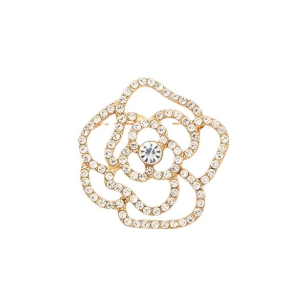 METAL RHINESTONE CAMELLIA FLOWER OPENWORK BROOCH