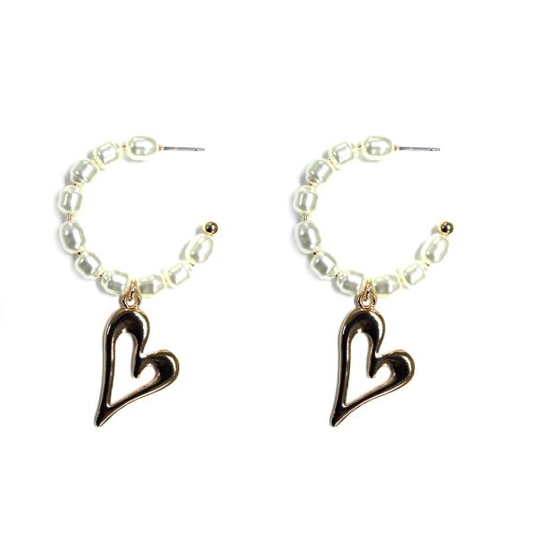 Heart Charm Pearl Bead Open Hoop Earring