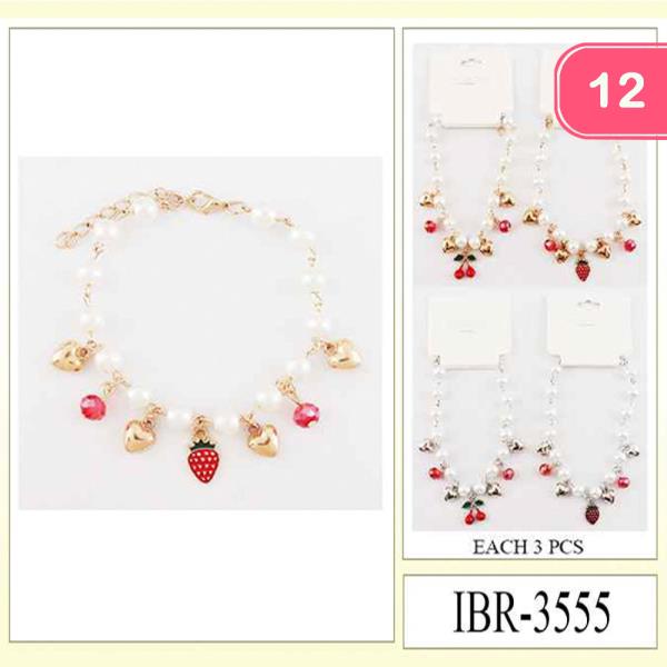 Metal Faux Pearl Heart Charm Bracelet (12 Units)