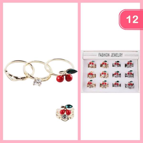 Metal Rhinestone Cherry Ring Set (12 Units)