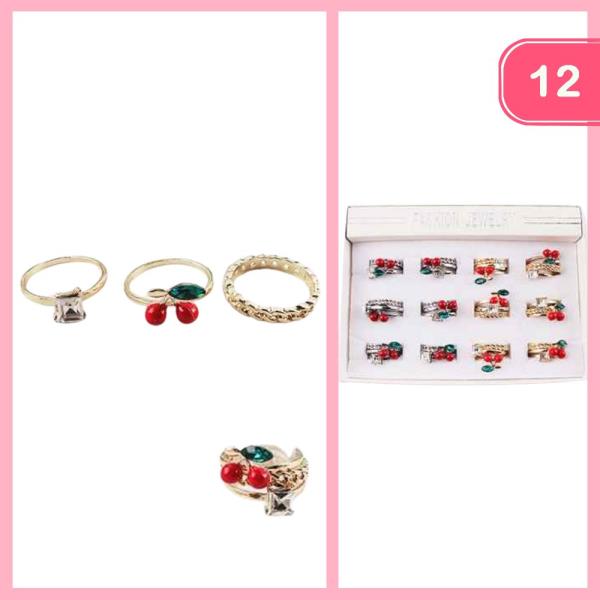 Metal Rhinestone Cherry Ring Set (12 Units)