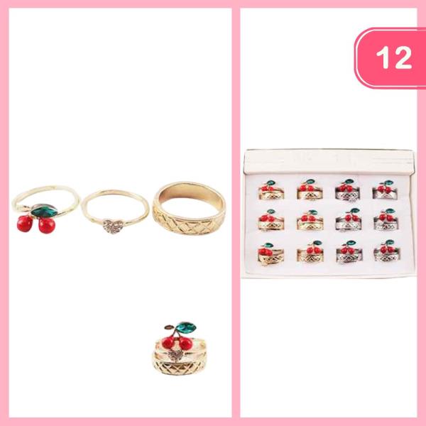 Metal Rhinestone Cherry Ring Set (12 Units)