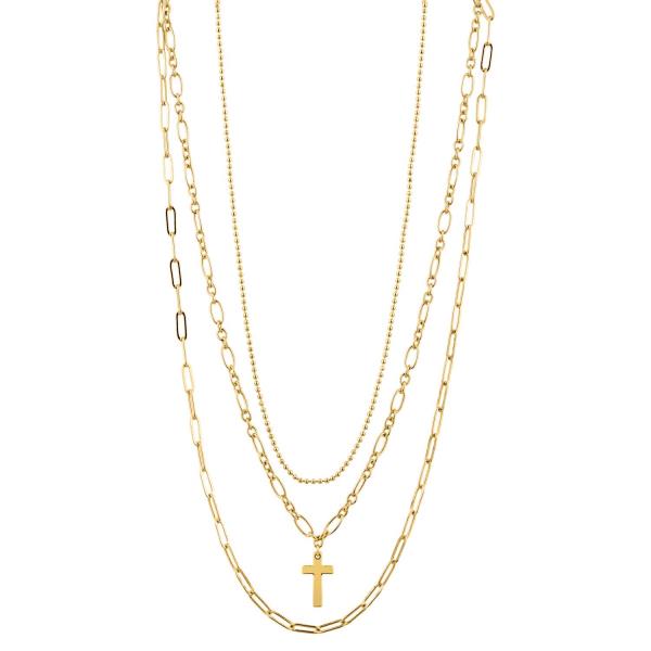 Cross Charm Oval Link Metal Layered Necklace