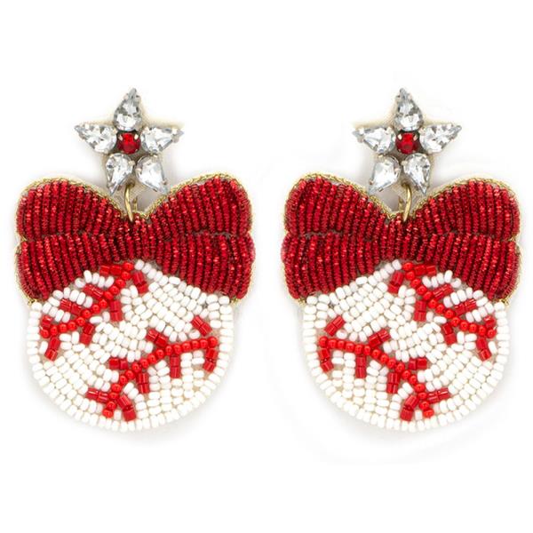 Seed Beaded Baseball Star Bow Drop Earrings