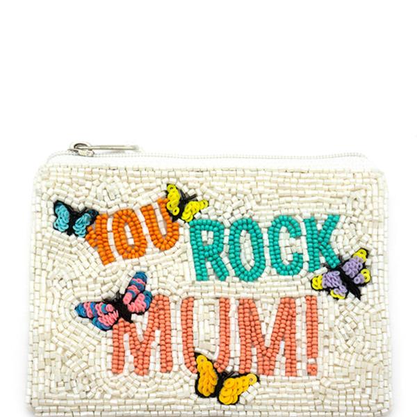 Butterfly You Rock Mum Seed Beaded Coin Purse Bag