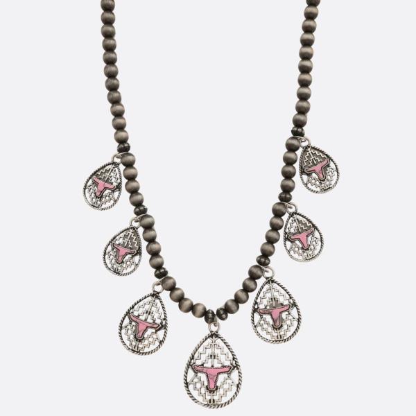 WESTERN STYLE CATTLE HEAD TEARDROP STATION BEADED NECKLACE