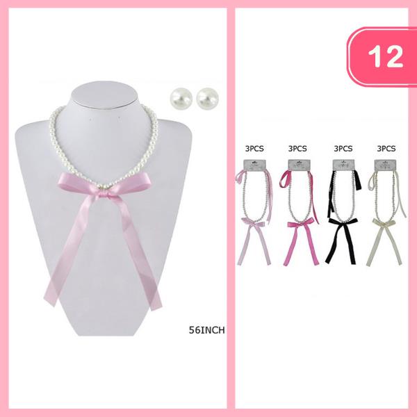 Pearl Ribbon Bow Earrings Set (12 Units)