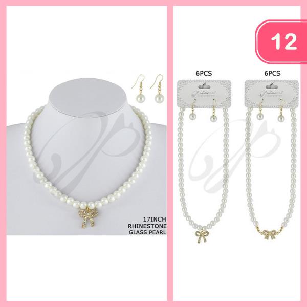 Rhinestone Pearl Necklace Earrings (12 Units)