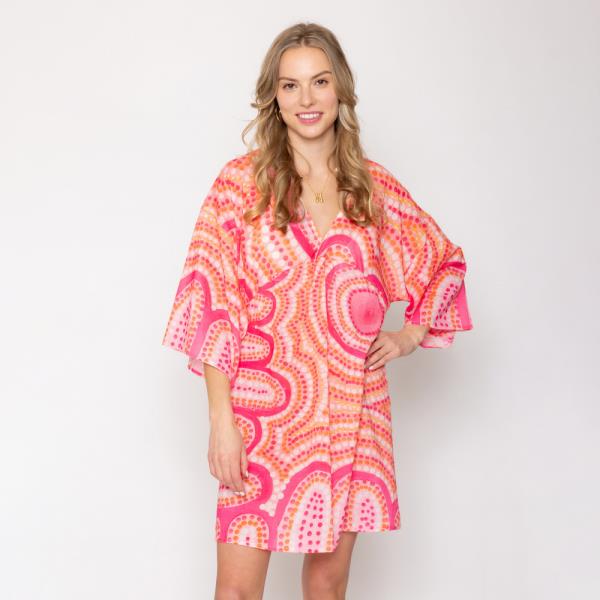 34 Sleeve Abstract Print V Neck Mini Maxi Dress