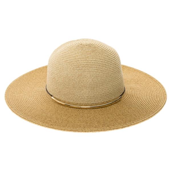 TWO-TONE PACKABLE STRAW SUN HAT WITH A GOLD METAL CHARM ACCENT
