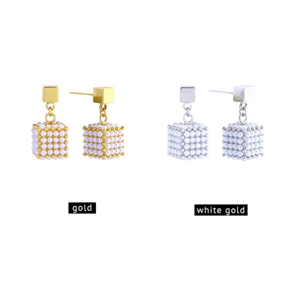 14K Gold White Gold Dipped Cube Pearl Earrings