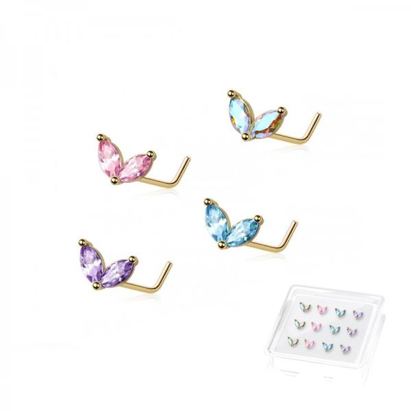 CZ Leaf 316L Steel L Shape Nose Ring 12 Pcs