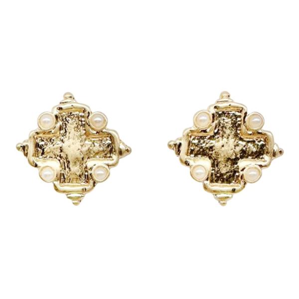 Metal Cross Pearl Textured Stud Earrings