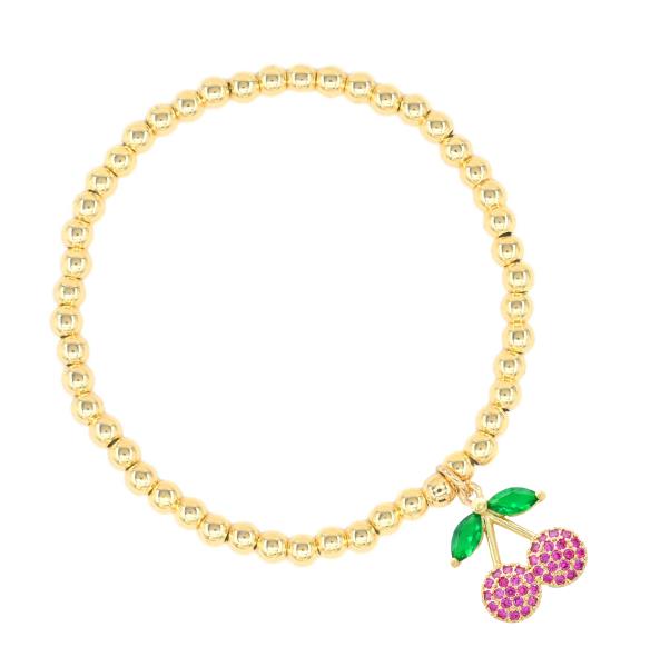 Rhinestone Cherry Stainless Steel Bead Bracelet