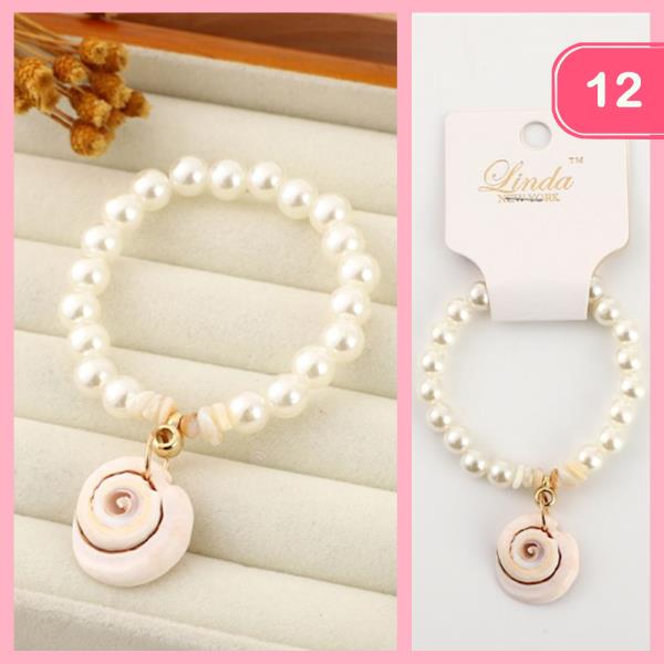 Seashell Pearl Bead Stretch Bracelet (12 Units)