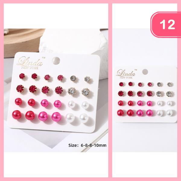 Rhinestone Pearl Stud Earring Set (12 Units)