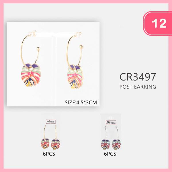 Tropical Leaf Charm Dangle Hoop Earring (12 Units)