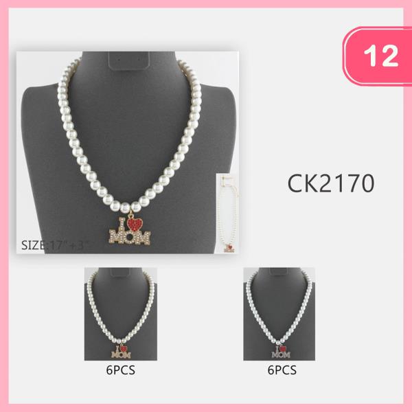 I Love Mom Pendant Pearl Bead Necklace (12 Units)