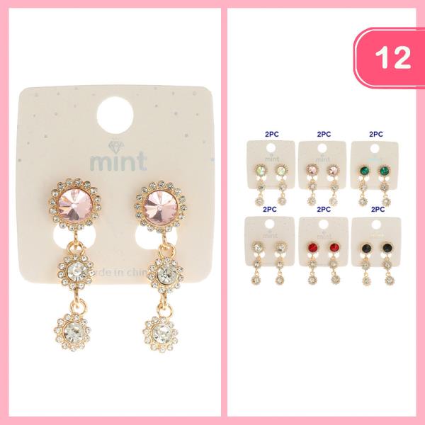Rhinestone Round Stone Drop Earring (12 Units)