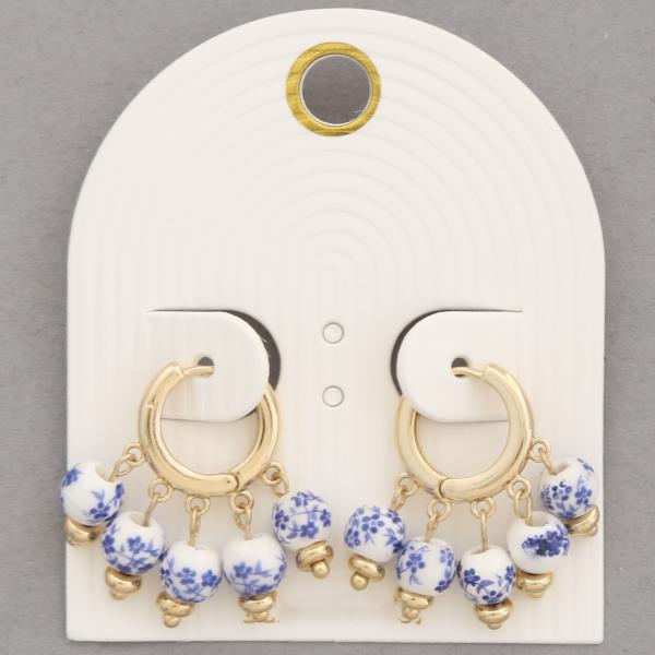Flower Blue Ceramic Bead Hoop Dangle Earring