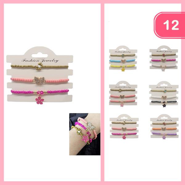 Butterfly Flower Bead Bracelet Set (12 Units)