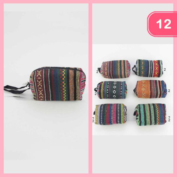 Ethnic Woven Fabric Zipper Handle Pouch (12 Units)