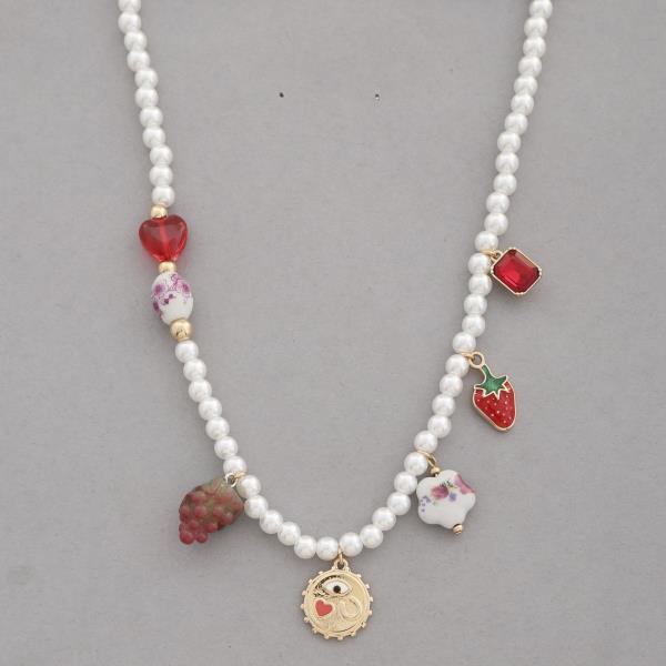 Multi Charm Pearl Bead Station Necklace