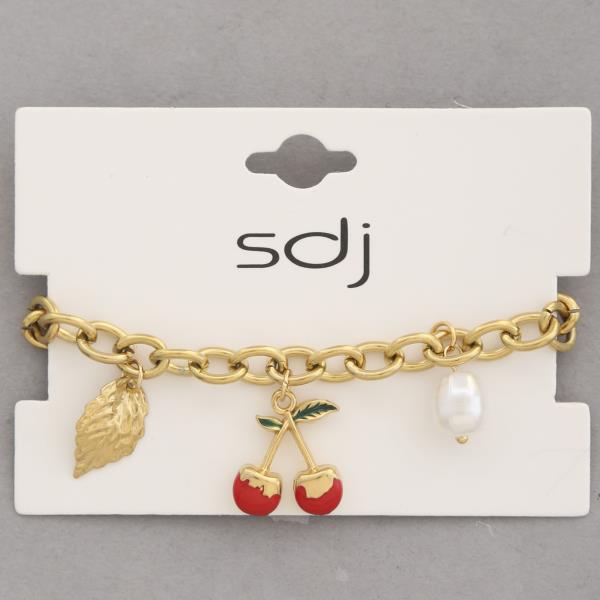 SDJ Cherry Charm Pearl Bead Bracelet