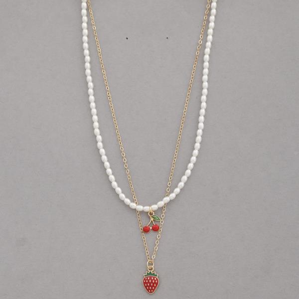 SDJ Cherry Strawberry Charm Pearl Bead Necklace
