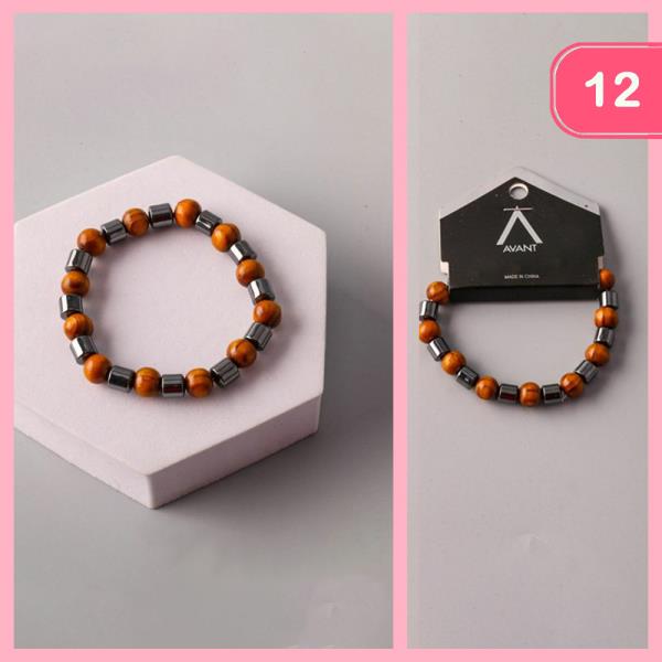 Hematite Spaced Wood Beaded Bracelet (12 Units)
