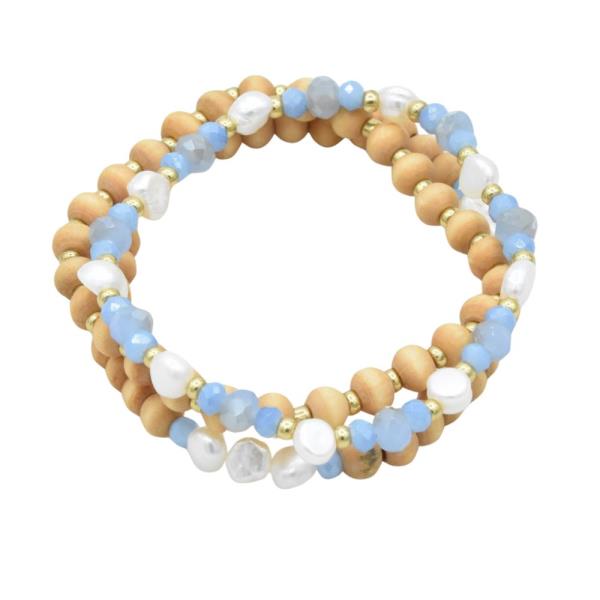 Wood Pearl Bead Bracelet Set