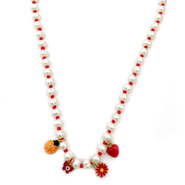 Multi Charm Pearl Bead Necklace